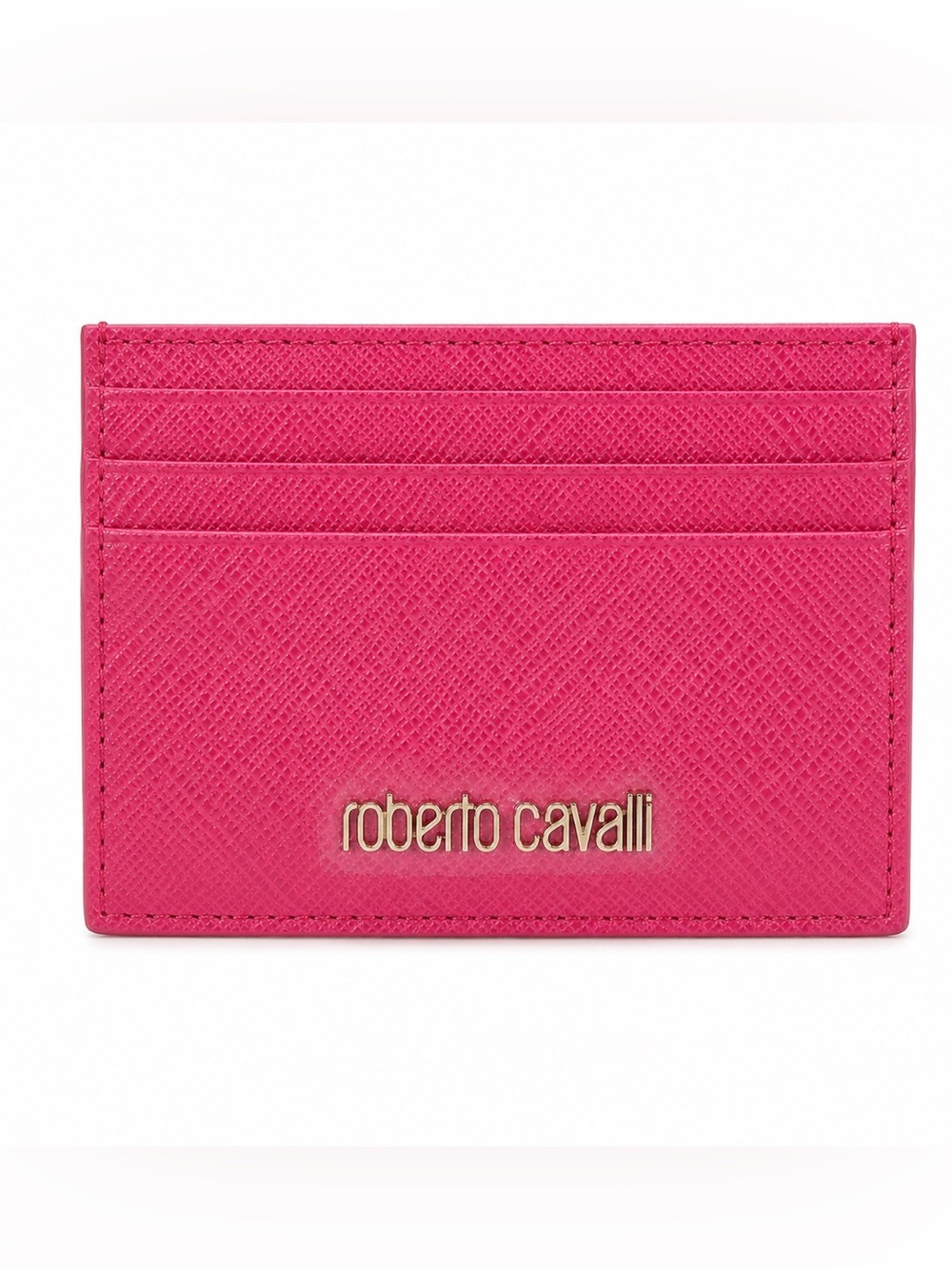 Roberto Cavalli Fuchsia Textured Leather Card Holder with Gold Logo